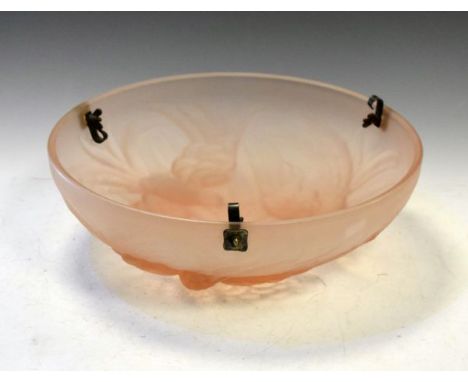 1930's period pink frosted and moulded glass ceiling light dome decorated with birds in flight in relief, 34cm diameter   Con