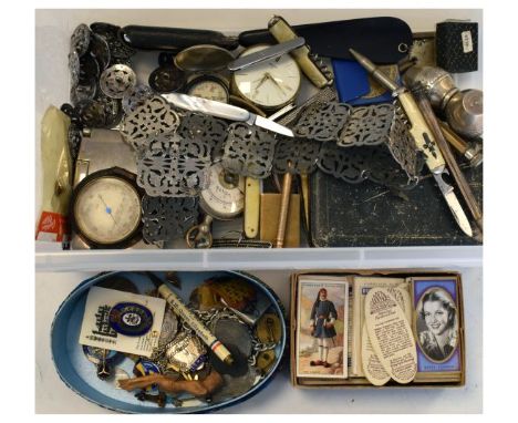 Interesting miscellanea including pocket barometer, pocket volt meter, medallions, pocket knives, etc   Condition: 