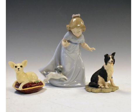 Beswick figure of a Chihuahua dog on a cushion, together with a Nao figure of a young girl with a puppy and a Border Fine Art