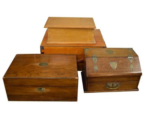Edwardian brass mounted oak trinket box, Victorian walnut writing box and two other boxes   Condition: 