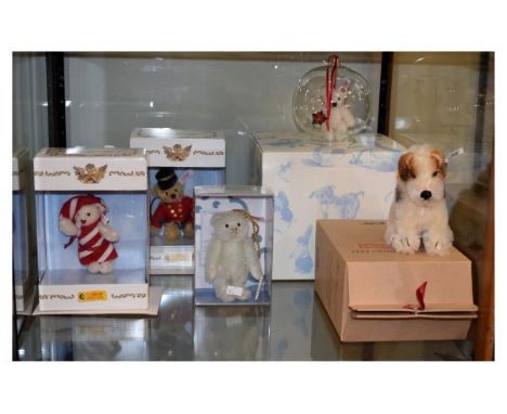 Three modern Steiff miniature teddy bears, a replica Foxy terrier and a miniature bear in a glass ball   Condition: 