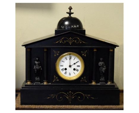 Victorian black slate architectural style mantel clock having spelter figural decoration depicting classical figures, white e