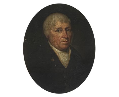 19th century British school, portrait of a gentleman with white hair in a blue coat, oil on canvas, in an oval mount, 30.5x24