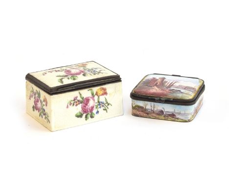 A late 18th century continental enamel snuff box depicting a tower beside a river, 5.5cm wide; together with a further late 1
