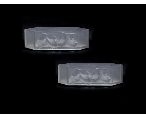 A pair of Rene Lalique 'Moineau' frosted glass wall lights/trough vases, Bruxelles design, each of boat shape trough form wit