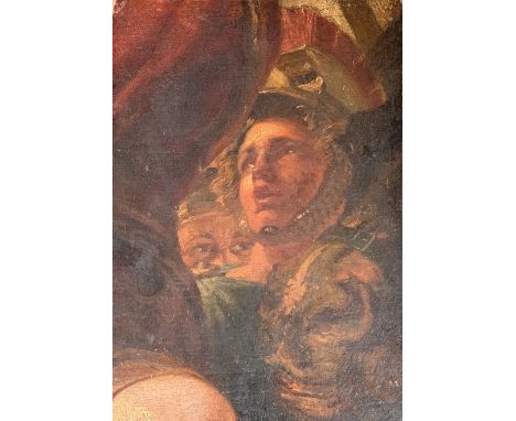 19th century oil on board, portrait of a man in Roman helmet within a crowd, 44.5x31cm 