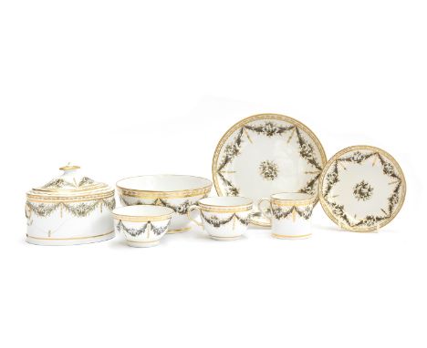 A 19th century Copeland Spode part tea service, hand painted with black floral swags heightened in gilt, 29 pieces, comprisin