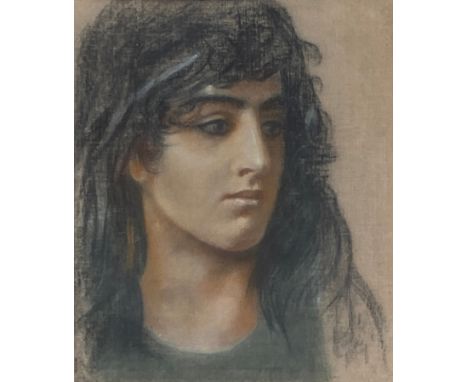 Manner of Pietro Annigoni, portrait of a lady, 35x29cm, watercolour landscape study to verso, 35x29cm 