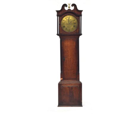 A George III oak long case clock, broken swan neck pediment surmounted by a gilt metal eagle, the hood with circular aperture