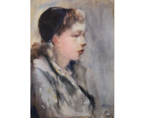 Reginald Grenville Eves RA (1876-1941), watercolour portrait of a girl in a blue hat, signed lower right, 38x26cm 