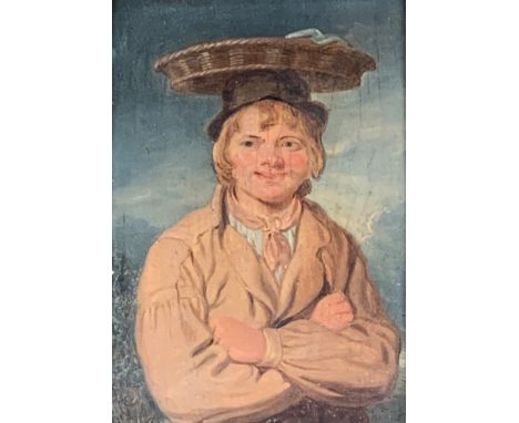 Attributed to Francis Wheatley RA (1747-1801), 'Fisher Boy', portrait of boy with basket, oil on panel, 13.3x9cm 