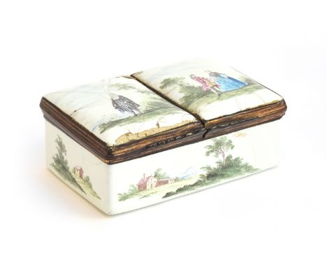 A late 18th century enamel double sided snuff box c.1780 (af), the two compartment lids painted with figures within landscape