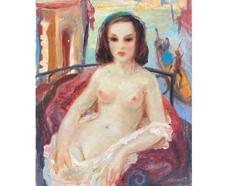 Constantin Bruni (1900-1969), early 20th century portrait of a nude lady, oil on canvas, 45x46cm 