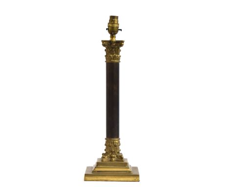 A brass Corinthian column table lamp with shade, 38cm high to base of fitting, 66cm high including shade 