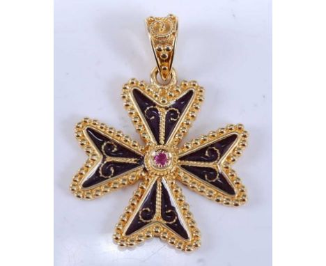 A yellow metal Maltese cross pendant, having a beaded edge and black enamel inlay, set with a round faceted ruby in the centr