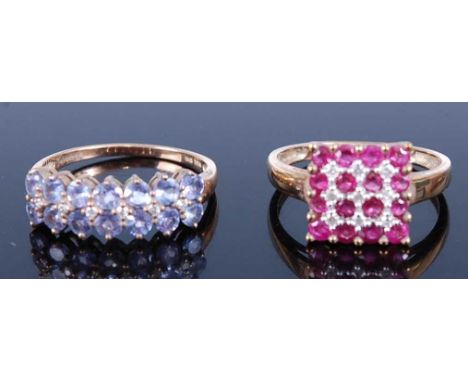 Two 9ct yellow gold dress rings, being a ruby and diamond chequerboard style square cluster ring, featuring four rows of four