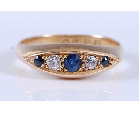 An 18ct yellow gold, sapphire and diamond half hoop eternity ring, comprising three graduated sapphires and two Old European 