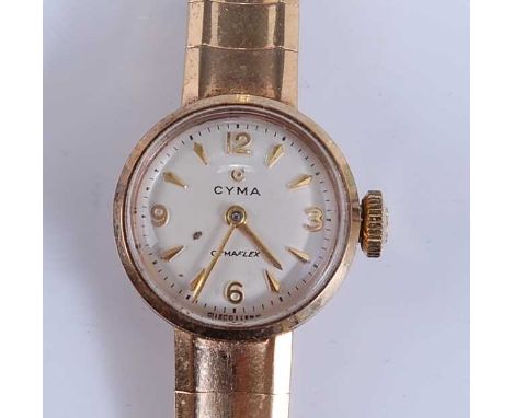 A 9ct yellow gold lady's Cyma 'Cymaflex' manual wind wristwatch, having round cream quarter Arabic dial and integral flexible
