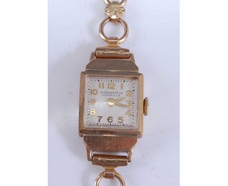 A 9ct yellow gold Winegartens ladies manual wind wristwatch, having a square cream Arabic dial and fitted to a circular and f