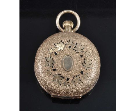 A continental lady's 14ct gold full hunter pocket watch, the engine turned covers with leaf engraved and enamelled decoration