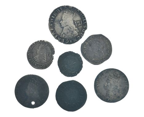 Elizabeth I Penny 1560, 61mm Cross- Crosslet; Charles II Twopence, 2nd and 3rd issues; Fourpence x3 (one holed); Charles I Fa