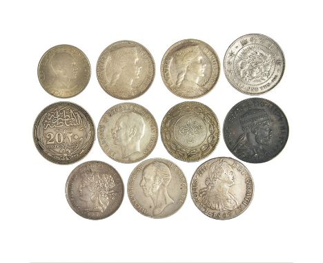 Mixed group of large Silver World coins; 1807 Spain 8 Reales; 1845 Netherlands 2 1/2 Golden; 1880 Peru 5 Pesetas; 1889 Ethiop