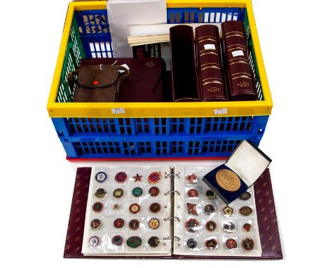 A collection of ‘National Union of Mineworkers’ enamel badges and 10 colliery tokens in five albums, with Brian Witts illustr