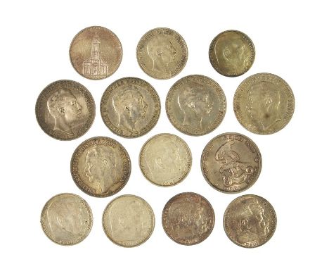 German and German States coins; 1908A 3 Mark Prussia; 1910A 3 Mark Prussia x2; 1910G 3 Mark Baden; 1911G 3 Mark Baden; 1913 3