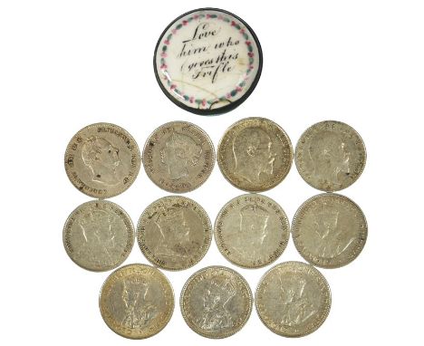 A small Bilsten enamel pill box "Love Him Who Gives This Trifle" Coronation Groat 1836, British West Africa Silver Three Penc