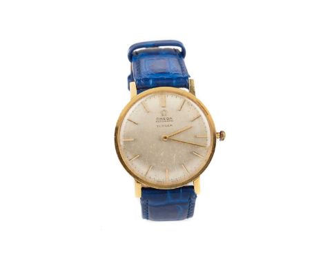 GENTLEMAN'S OMEGA TURLER EIGHTEEN CARAT GOLD MANUAL WIND WRIST WATCH,the round silvered dial with applied baton hour markers,
