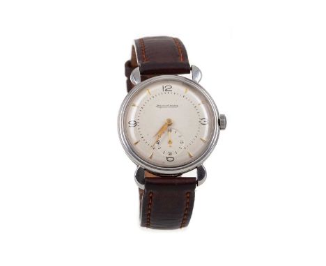 GENTLEMAN'S JAEGER LE COULTRE STAINLESS STEEL MANUAL WIND WRIST WATCH,the round cream dial with Arabic and wedge hour markers