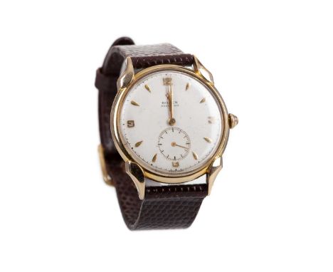 GENTLEMAN'S ROLEX PRECISION GOLD MANUAL WIND WRIST WATCH,the round cream dial with Arabic and wedge hour markers, outer secon