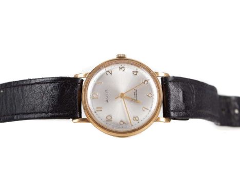 GENTLEMAN'S AVIA NINE CARAT GOLD MANUAL WIND WRIST WATCH,the round white dial with Arabic hour markers, outer seconds track i