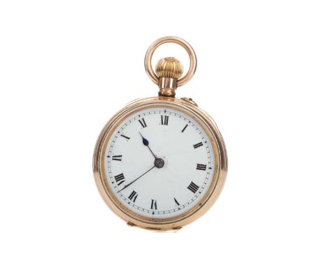 GOLD PLATED OPEN FACE POCKET WATCH,the round white enamel dial with Roman hour markers, outer railroad seconds track in black