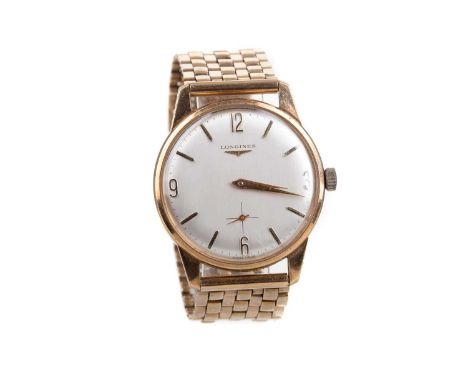 GENTLEMAN'S LONGINES NINE CARAT GOLD MANUAL WIND WRIST WATCH,the round cream dial with Arabic and baton hour markers, outer s