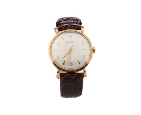 GENTLEMAN'S HELVETIA NINE CARAT GOLD MANUAL WIND WRIST WATCH,the round cream dial with applied baton and Arabic hour markers,