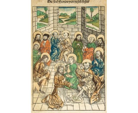 Illustrated incunable leaf.- - Schatzbehalter,  single f. with 'Die sechszundvyertzigist figur', depicting Christ washing the