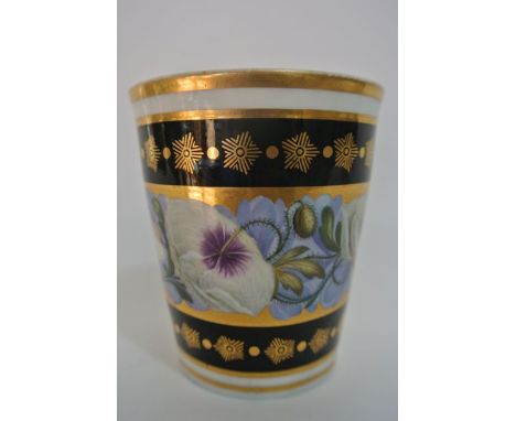 A good quality  early 19th century  beaker with painted poppy border beneath black and gilt bands, with incised initial B to 