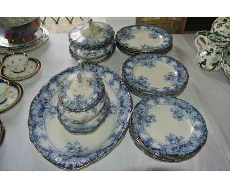 A collection of early 20th century Belmont pattern blue and white printed dinner wares comprising two handled oval tureen, co