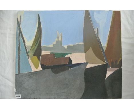 An oil painting on canvas in the abstract manner showing a harbour scene with fishing boats and other vessels, possibly attri
