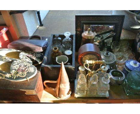 A miscellaneous collection including a 19th century rosewood writing slope, a pair of embroidered slippers, an Edwardian maho