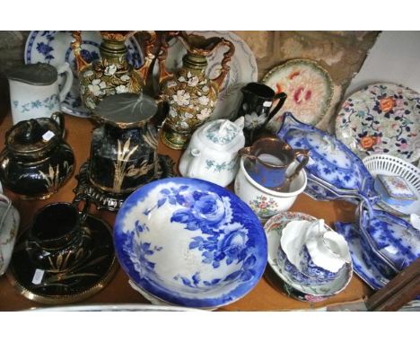 A quantity of 19th century and other ceramics including a pair of two handled vases with relief moulded floral decoration, tw
