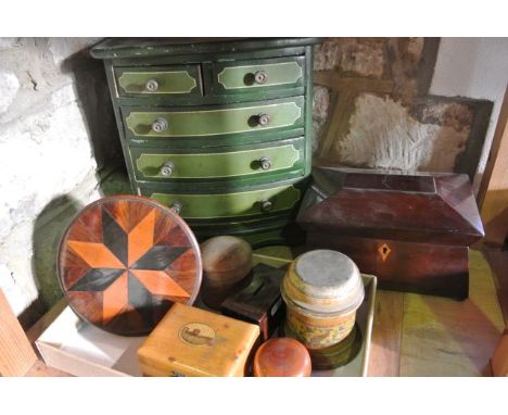 A miniature chest of three long and two short drawers with painted finish in two tones of green together with a Mauchline war