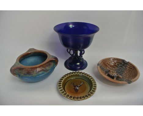 A Denby ware three handled bowl with blue and dark brown glazed finish with incised decoration together with a Wade bowl with