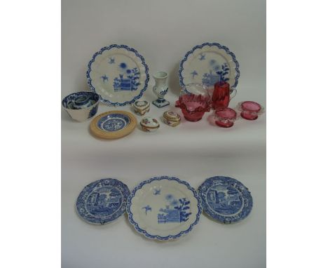 A small collection of ceramics and glassware including three oriental blue and white plates with painted bird and floral deco
