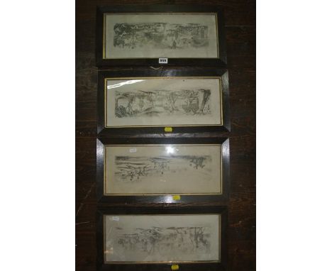 A set of four early 19th century black and white engravings of humorous hunting scenes including an invasion into a garden pu