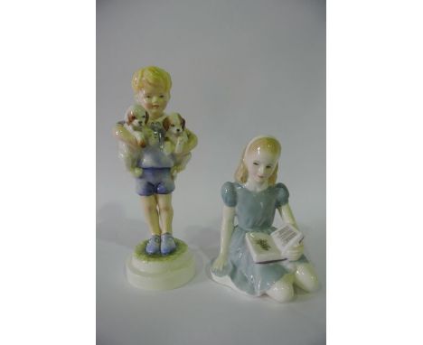 A Royal Worcester model of Monday's Child in the form of a little boy dressed in blue and accompanied by two puppies, with bl