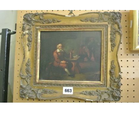 A 19th century continental oil painting on tin panel showing a bearded male figure seated in a tavern interior holding a tank