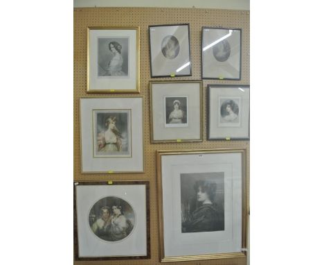 A collection of engravings of women including an Edwardian signed monochrome example, shoulder length portrait of a young wom