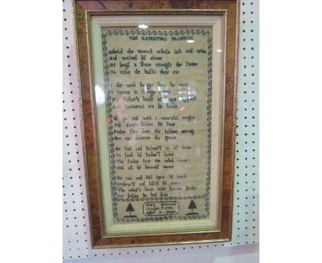 A late 18th century needlework sampler of rectangular form with script reading - The Repenting Prodigal, with five further st